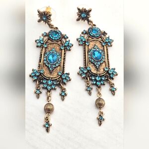 Blue and Gold Statement Vintage Style Dangle Earrings